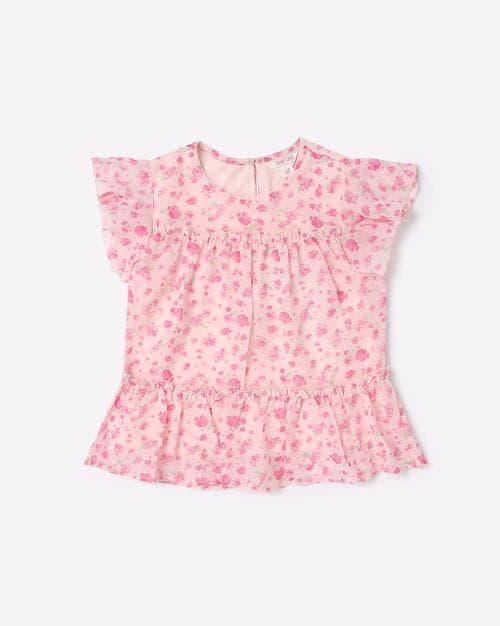 Floral Print Top with Flutter Sleeves