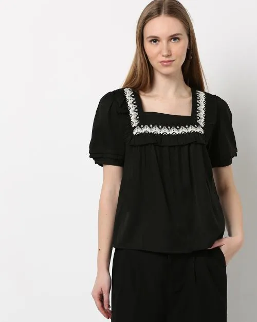Square-Neck Embroidered Yoke Top