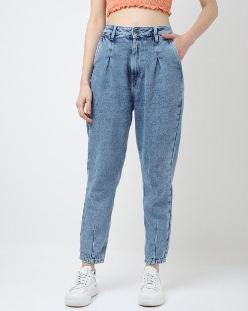 Women Heavily Washed Invert-Pleated Mom Fit Jeans