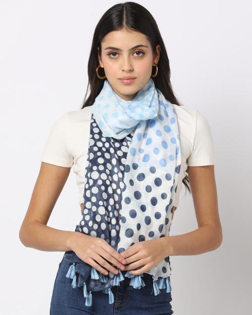 Women Polka-Dot Print Scarf with Tassels