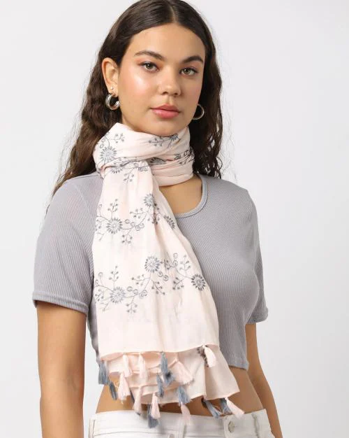 Women Floral Embroidered Stole with Tassels