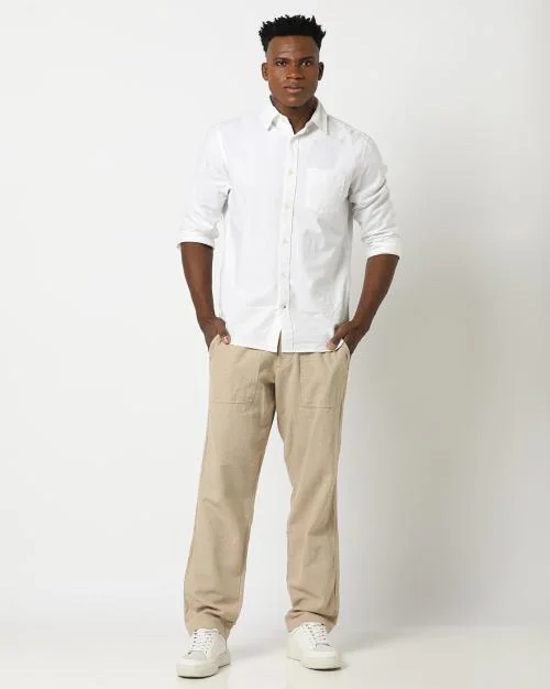 Linen-Cotton Flat-Front Cargo Pants