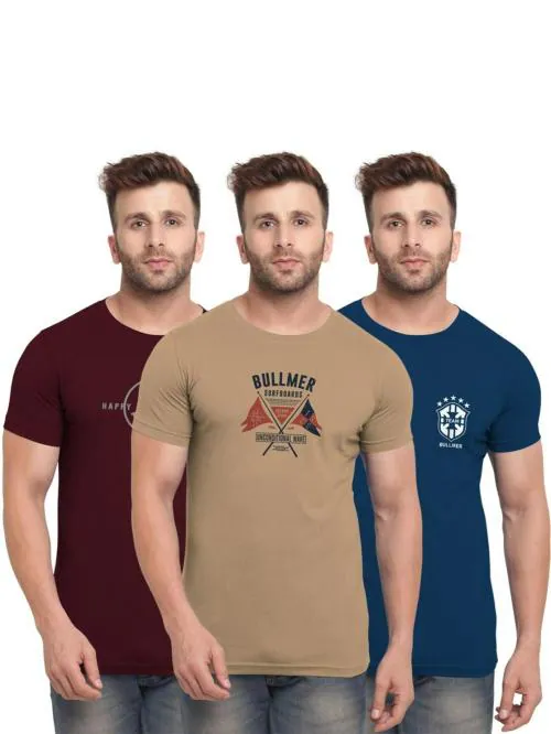 Bullmer Multicolor Cotton Blend Printed T-shirt for Men (Pack of 3)