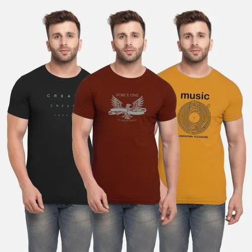 Bullmer Multicolor Cotton Blend Printed T-shirt for Men (Pack of 3)
