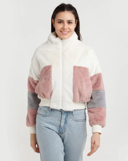 Colourblock Faux-Fur Bomber Jacket