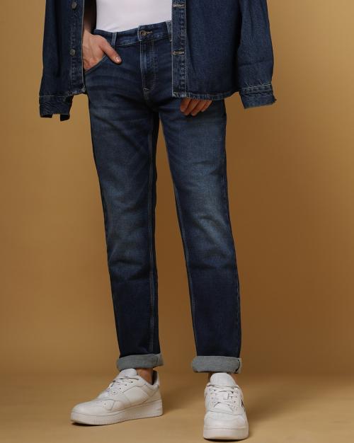 Mid-Wash Straight Fit Jeans with Light Whiskers