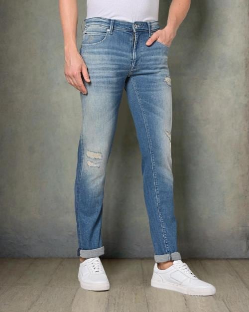 Men Heavily Washed Slim Fit Distressed Jeans