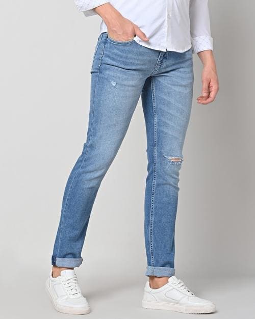 Men Heavily Washed Distressed Slim Fit Jeans