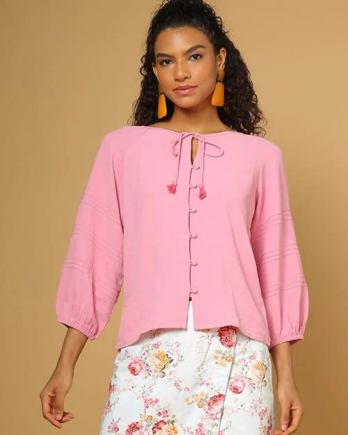 Button-Down Tie-Up Neck Top