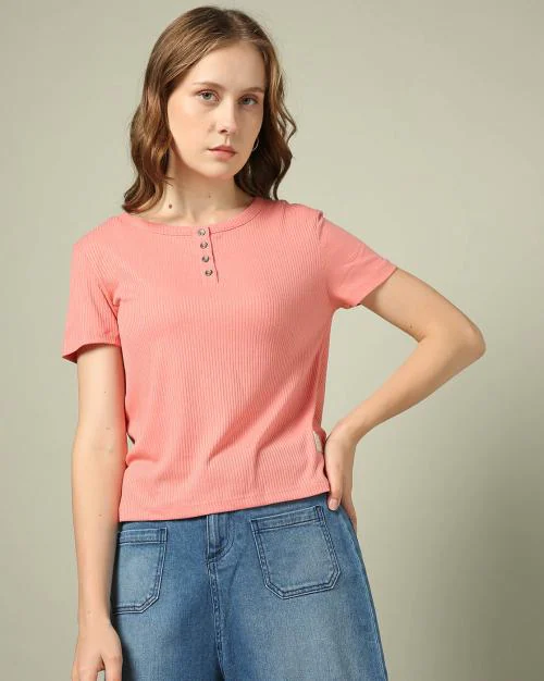 Women Ribbed Tailored Fit Round-Neck T-Shirt