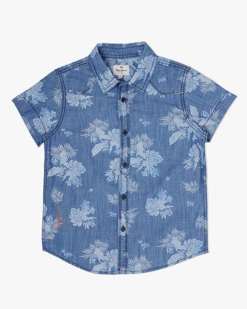 Simp Tropical Print Denim Shirt