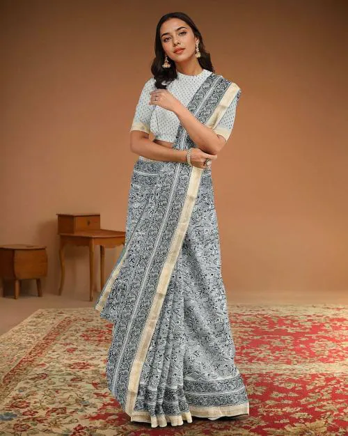 Women Handblock Print Silk Cotton Maheshwari Pure Jaipuri Saree