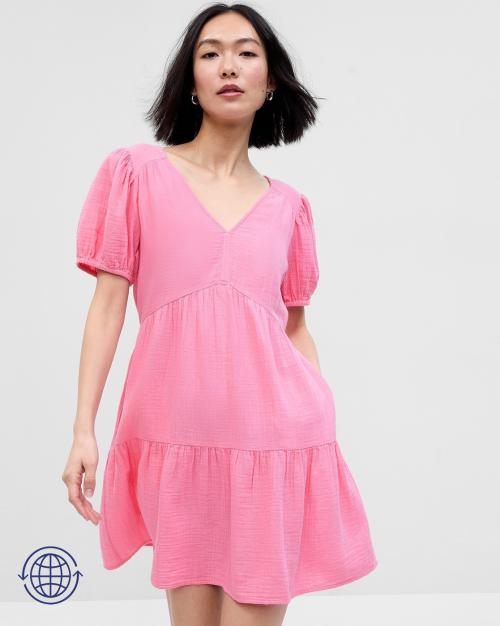 V-Neck A-Line Dress with Puff Sleeves