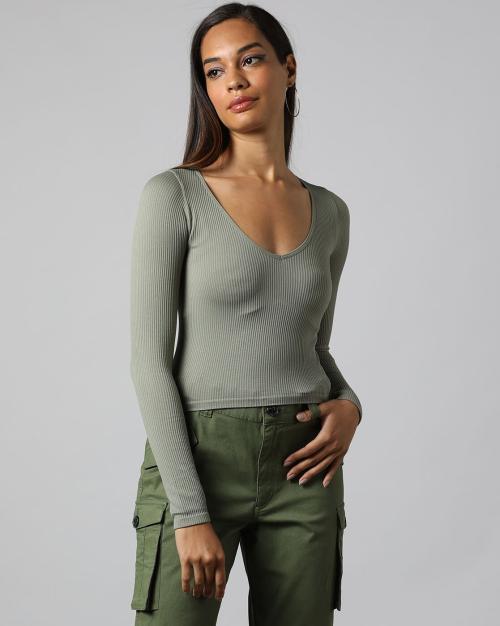 Women Ribbed V-Neck Top