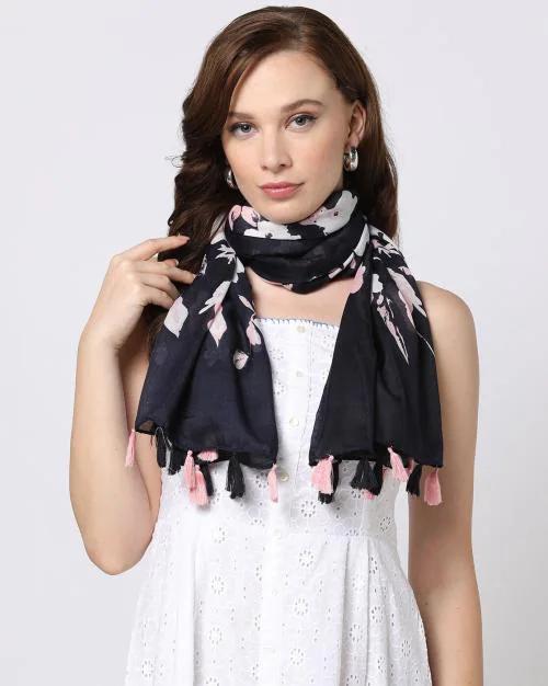 Women Floral Print Scarf with Tassels