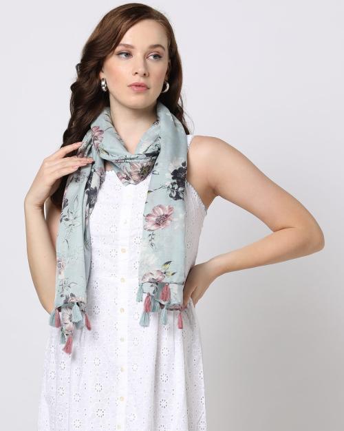 Women Floral Print Scarf with Tassels