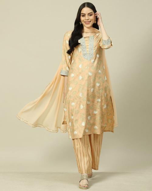 Women Floral Print Straight Kurta with Palazzos & Dupatta