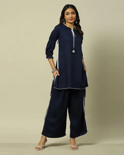 Women Straight Kurta Set with Lettuce Edge