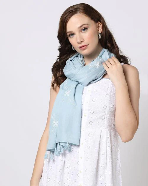 Women Embroidered Scarf with Tassels