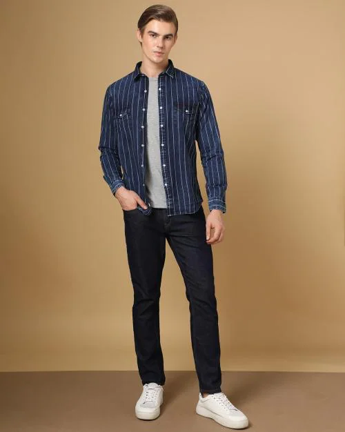 Men Striped Slim Fit Denim Shirt