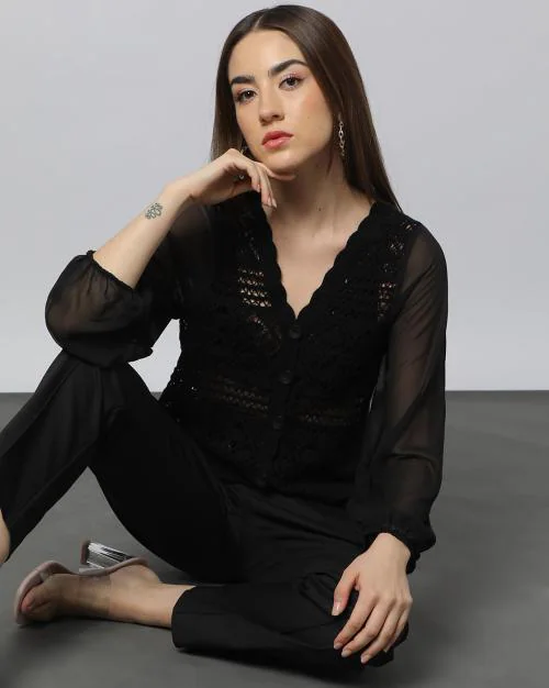 V-Neck Voluminous Sleeves Relaxed Fit Crochet Top