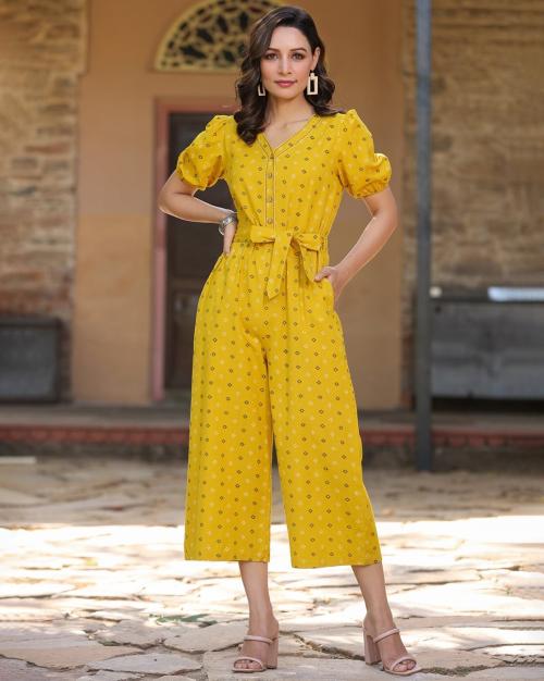 Buy Women Geometric Print Waist TieUp Jumpsuit with Insert Pockets