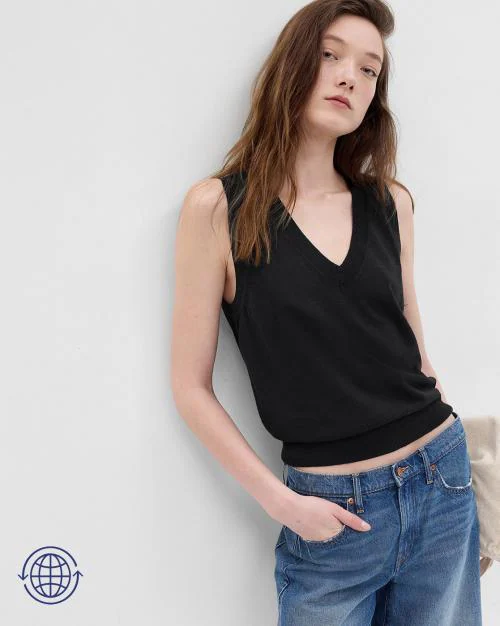 Women Linen Blend Relaxed Fit V-Neck Vest