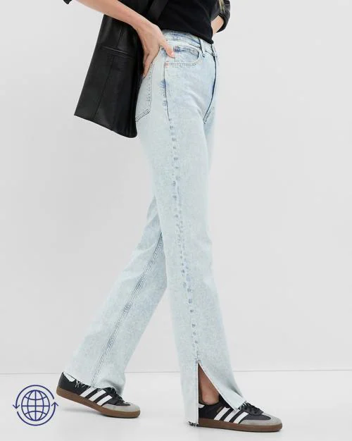 Women Heavy-Wash Relaxed Fit Jeans with Side Slits