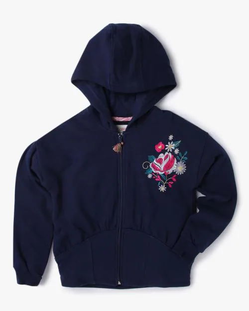 Embroidered Zip-Up Cotton Hoodie