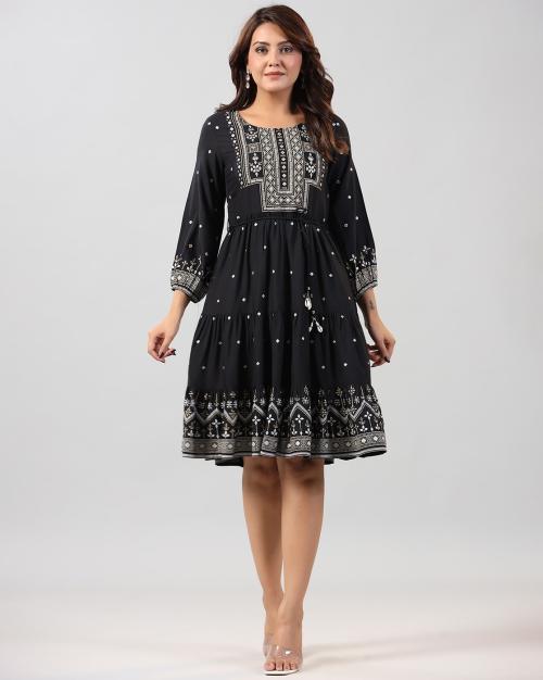 Printed Fit & Flare Dress with Waist Tie-Up