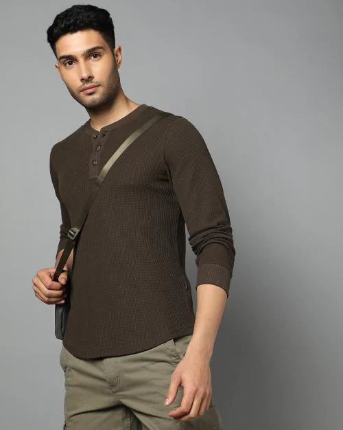 Men Waffle Knit Slim Fit Henley T-Shirt