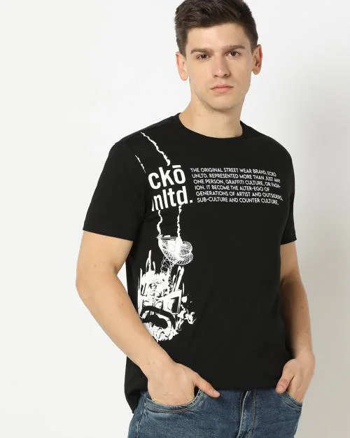 Men Typographic Print Regular Fit Crew-Neck T-Shirt