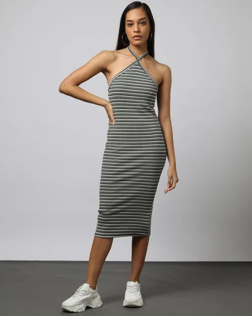Striped Halter Neck Bodycon Midi Dress
