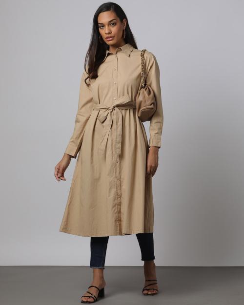 A-Line Shirt Dress With Waist Belt