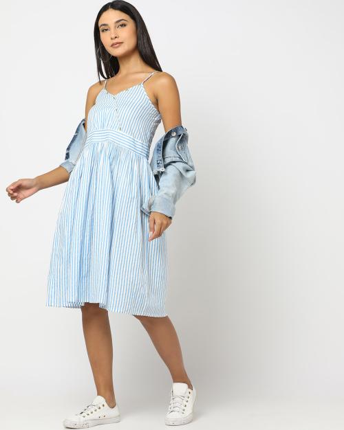 Striped Fit & Flare Knee-Length Dress