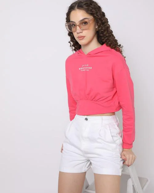 Printed Relaxed Fit Crop Hoodie
