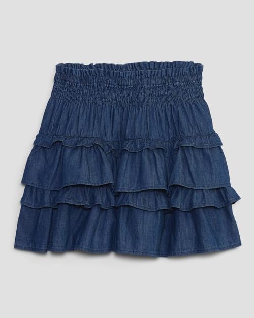 Loveshackfancy Denim Tiered Skirt with Smocked Waist