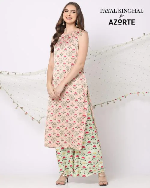 Printed Modal Satin Kurta Palazzo Dupatta Set