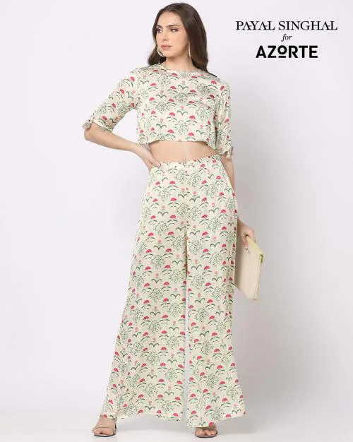 Printed Modal Satin Crop Top Palazzo Set