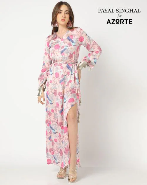 Printed Modal Satin Slit Dress With Belt