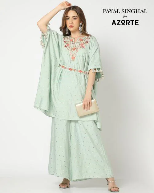 Chanderi Butti Embroidered Kaftan & Palazzo With Belt