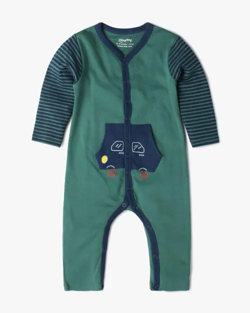Boys Striped Romper with Split-Kangaroo Pockets
