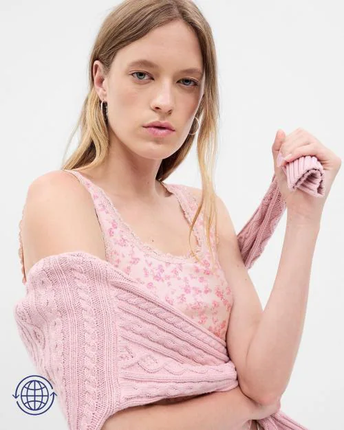 LoveShackFancy Floral Print Ribbed Tank Top With Scalloped Hem