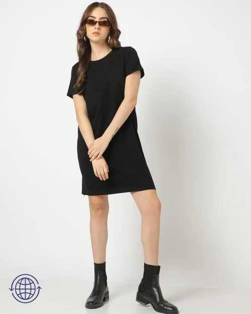 Women Round-Neck T-Shirt Dress with Patch Pocket