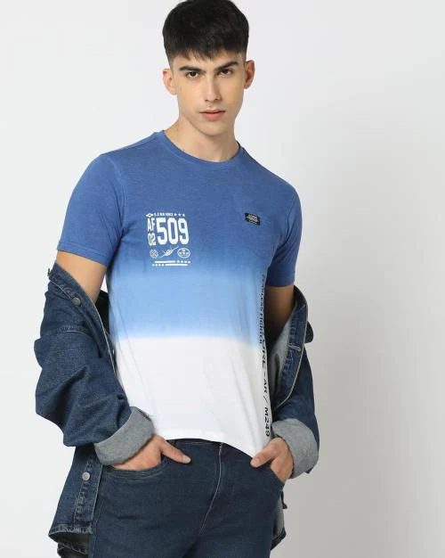 Men Ombre-Dyed Slim Fit Crew-Neck T-Shirt