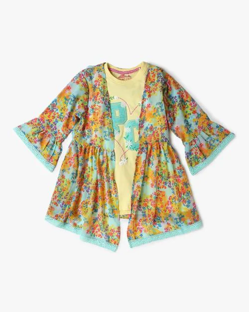 Girls Embroidered Loose Fit Top with Shrug