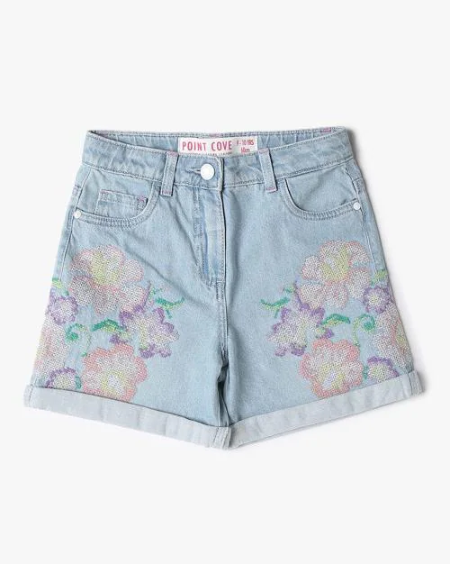 Girls Embroidered Regular Fit Denim Shorts