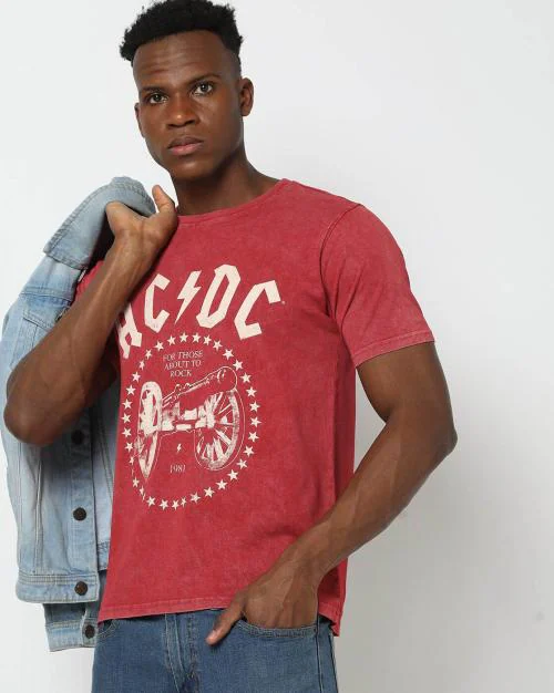 Men AC DC Print Regular Fit Crew-Neck T-Shirt