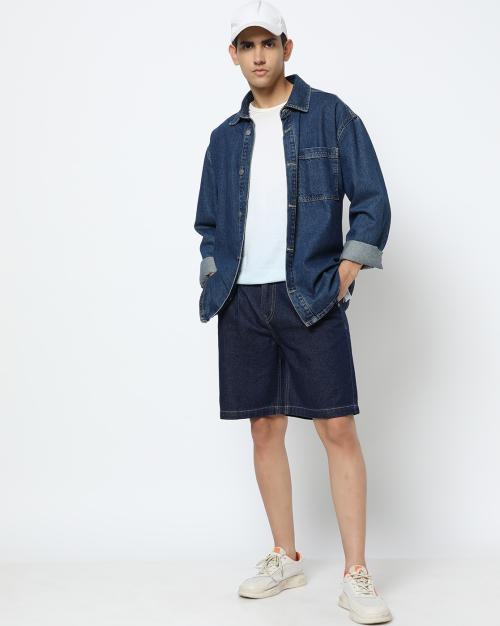 Men Regular Fit Pleated Denim Shorts