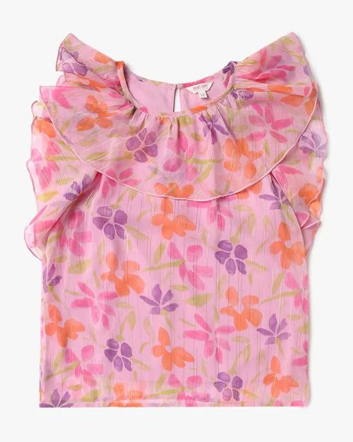Girls Floral Print Slim Fit Ruffle Top
